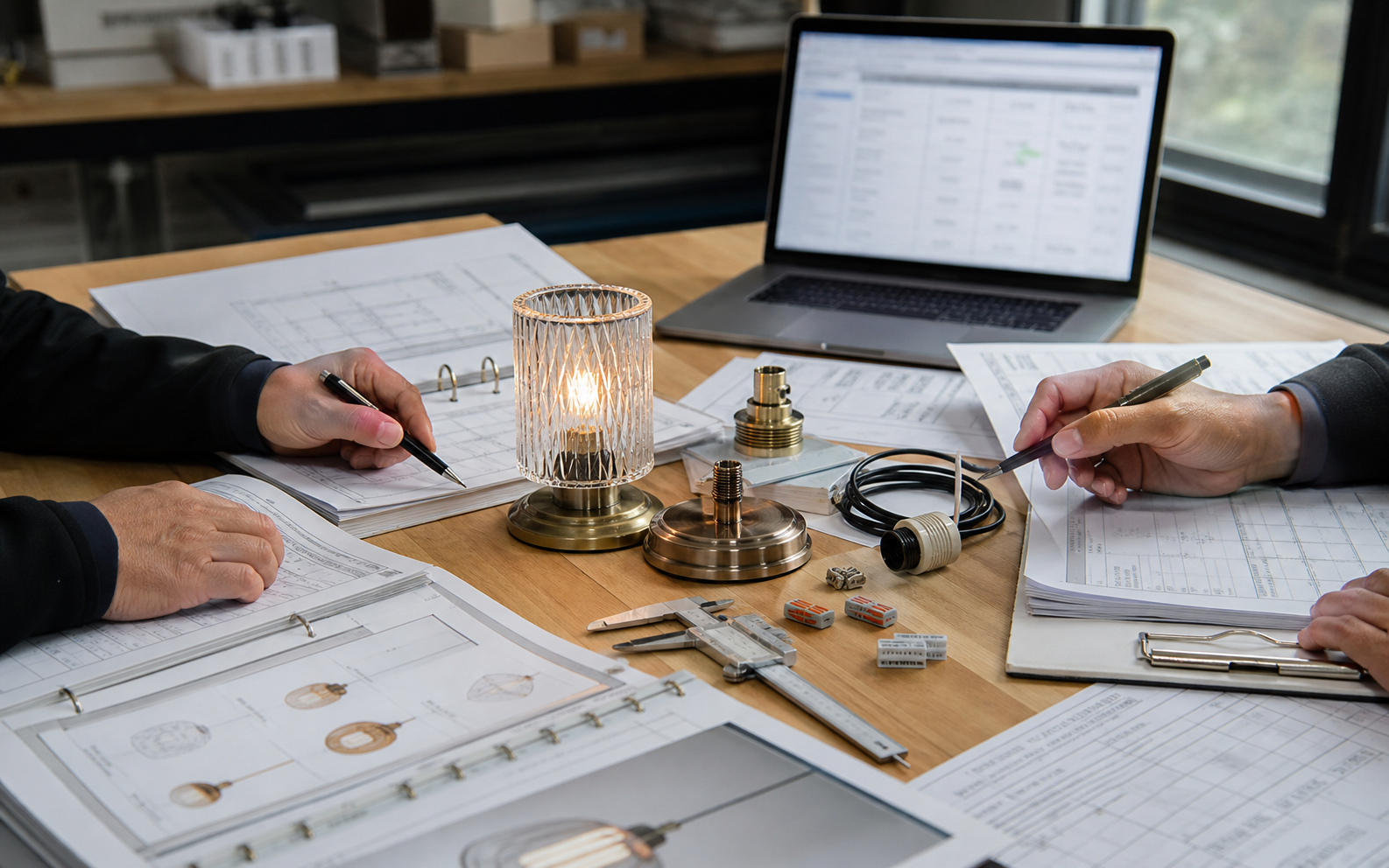 Lighting documentation and compliance review materials on a work table