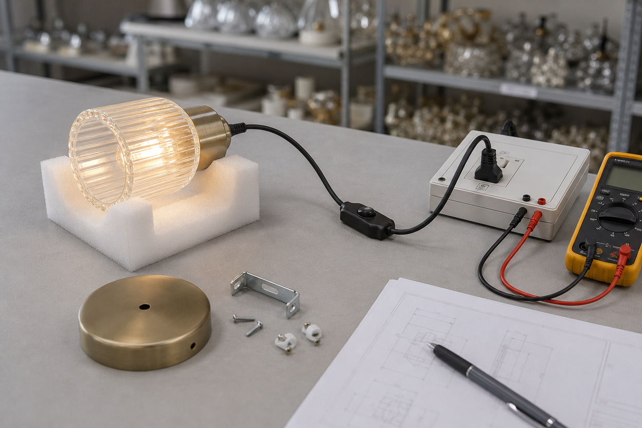Lighting control and wiring sample checked on a factory workbench